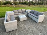 Fimous Light Grey Lounge Outdoor PE Rattan Garden Furniture Set Wicker Sofa Set Square Coffee Table 2 Side Table 9 Seat