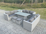 Fimous U Shape Lounge Rattan Garden Furniture Set Adjustable Rising Lifting Table Dining Set With Side Coffee Tea Table Stool