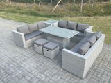 Fimous U Shape Lounge Rattan Garden Furniture Set Adjustable Rising Lifting Table Dining Set With Side Coffee Tea Table Stool