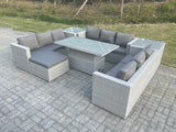 Fimous U Shape Lounge Rattan Garden Furniture Set Height Adjustable Rising Lifting Table Dining Set With 2 PC Side Coffee Table Footstool