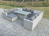 Fimous U Shape Lounge Rattan Garden Furniture Set Height Adjustable Rising Lifting Table Dining Set With 2 PC Side Coffee Table Footstool