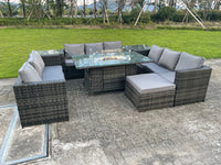 10 seater Outdoor Rattan Garden U Shape Furniture Gas Fire Pit Table Sets Gas Heater Lounge Sofa Dark Grey Big Footstool