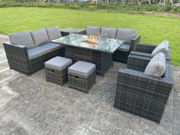 Outdoor Rattan Garden Furniture Gas Fire Pit Table Sets Gas Heater Lounge Chairs Small Footstools Dark Grey 10 seater