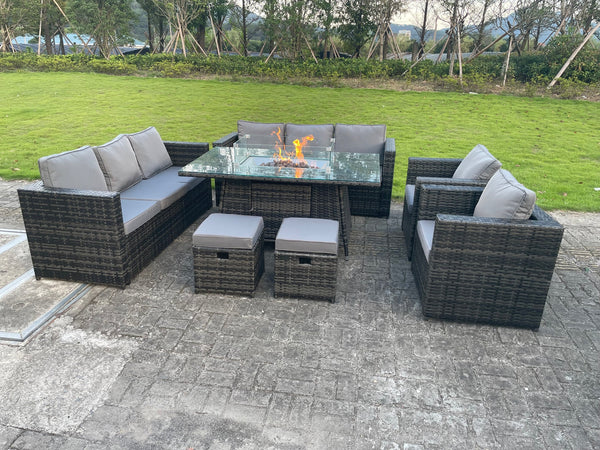 Outdoor Rattan Garden Furniture 10 seater Polyrattan Sofa Gas Fire Pit Dining Table Sets Gas Heater Lounge Chairs Small Footstools Dark Mixed Grey