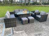 Outdoor Rattan Garden Furniture 10 seater Polyrattan Sofa Gas Fire Pit Dining Table Sets Gas Heater Lounge Chairs Small Footstools Dark Mixed Grey