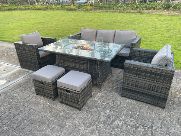 Outdoor Rattan Garden Furniture Gas Fire Pit Table Sets Gas Heater Lounge Chairs Small Footstools Dark Grey 7 seater