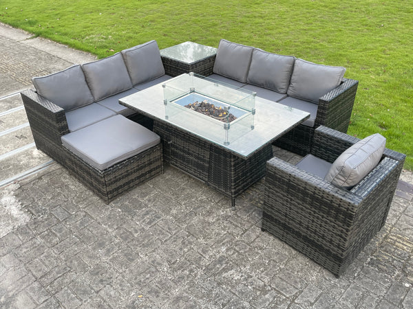 8 seater Outdoor Rattan Garden Corner Furniture Set Gas Fire Pit Table Sets Gas Heater Lounge Chair Big Footstool Dark Grey