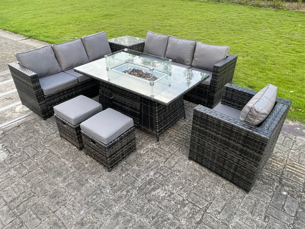 9 seater Outdoor Rattan Garden Corner Furniture Set Gas Fire Pit Table Sets Gas Heater Lounge Chair Small Footstool Dark Grey