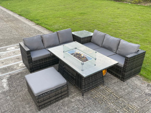 Outdoor Rattan Garden Corner Furniture Gas Fire Pit Table Sets Gas Heater Lounge Big Footstool Dark Grey 7 seater