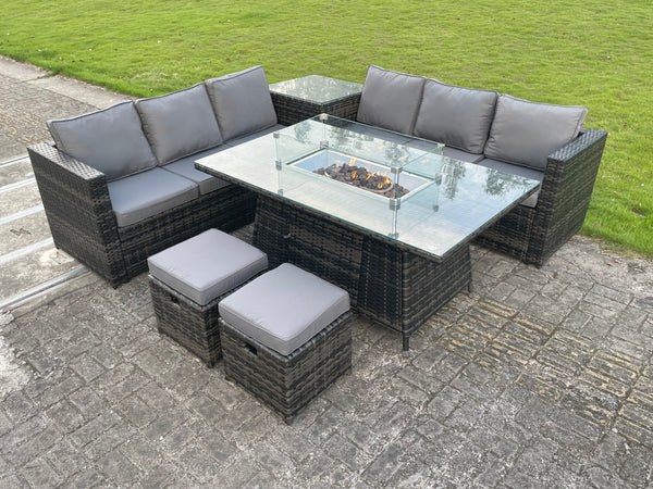 8 seater Outdoor Rattan Garden Corner Furniture Set Gas Fire Pit Table Sets Gas Heater Lounge Small Footstools Dark Grey