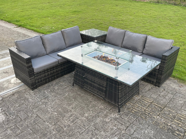 Outdoor Rattan Garden Corner Furniture Gas Fire Pit Table Sets Gas Heater Lounge Dark Grey 6 seater