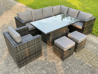 9 Seats Dark Mixed Grey Rattan Garden Furniture Corner Sofa Set Adjustable Dining Or Coffee Table Chair Right Corner