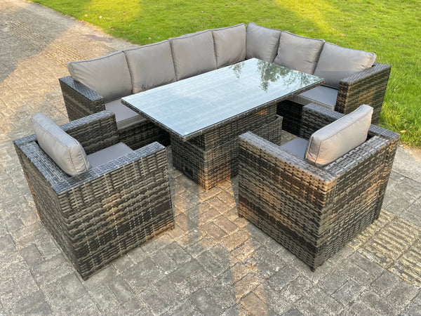 Dark Mixed Grey Outdoor Rattan Garden Furniture Sofa Set Rising Adjustable Dining Table 2 Chairs Patio Furniture Right Corner