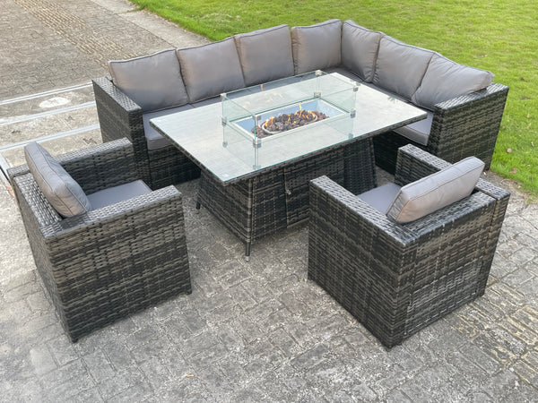 8 Seater Outdoor Rattan Garden Right Corner Furniture Gas Fire Pit Table Sets Gas Heater Lounge Chairs Dark Grey