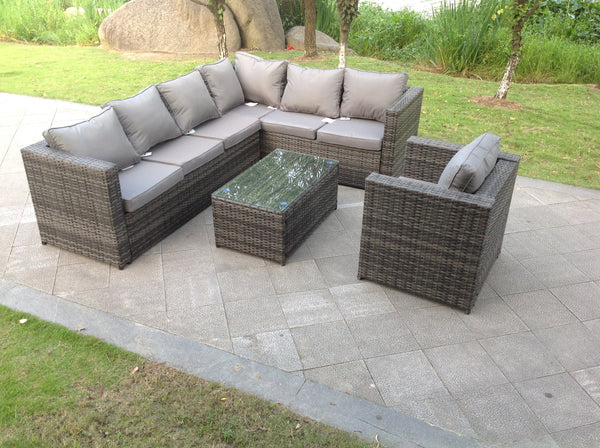 Grey Rattan Corner Sofa Set Outdoor Garden Furniture Coffee Table Chair Right Corner Oblong Table