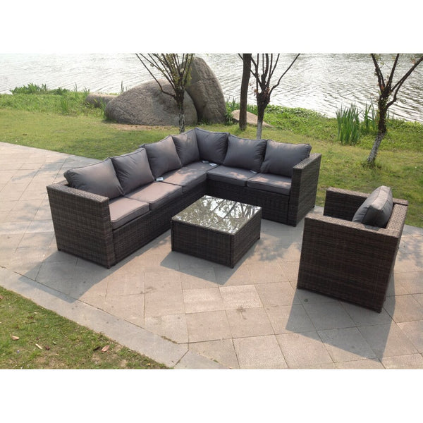 Grey Rattan Corner Sofa Set  Outdoor Garden Furniture Coffee Table Chair Right Corner Square Table
