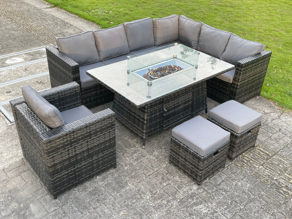9 Seater Outdoor Rattan Garden Right Corner Furniture Gas Fire Pit Table Sets Gas Heater Lounge Small Footstools Chair Dark Grey