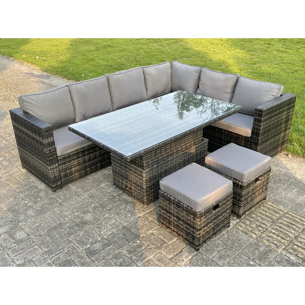 Dark Mixed Grey Rattan Garden Furniture Corner Sofa Set Adjustable Dining Or Coffee Table Left Corner  8 Seats