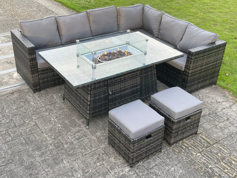 8 seater Outdoor Rattan Garden Right Corner Furniture Gas Fire Pit Table Sets Gas Heater Lounge Small Footstools Dark Grey