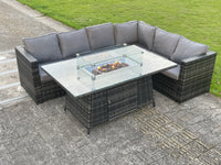 6 seater Outdoor Rattan Garden Right Corner Furniture Set Gas Fire Pit Table Sets Gas Heater Lounge Dark Grey