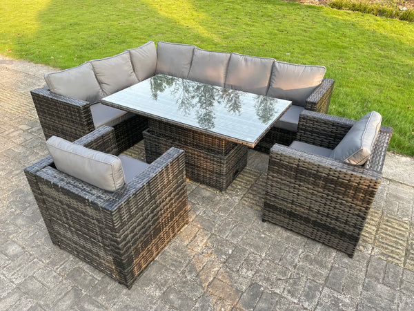 Dark Mixed Grey Outdoor Rattan Garden Furniture Sofa Set Rising Adjustable Dining Table 2 Chairs Patio Furniture Left Corner