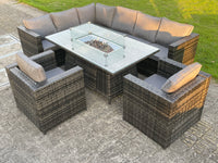 8 seater Outdoor Rattan Garden Left Corner Furniture Gas Fire Pit Table Sets Gas Heater Lounge Chairs Dark Grey