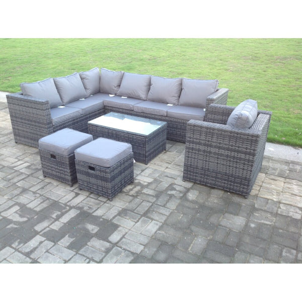Dark Grey  Mixed Rattan Garden Furniture Corner Sofa Set Oblong Coffee Table Chair Footstools