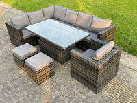 9 Seats Dark Mixed Grey Rattan Garden Furniture Corner Sofa Set Adjustable Dining Or Coffee Table Chair Left Corner