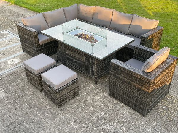 9 seater Outdoor Rattan Garden Left Corner Furniture Gas Fire Pit Table Sets Gas Heater Lounge Small Footstools Chair Dark Grey
