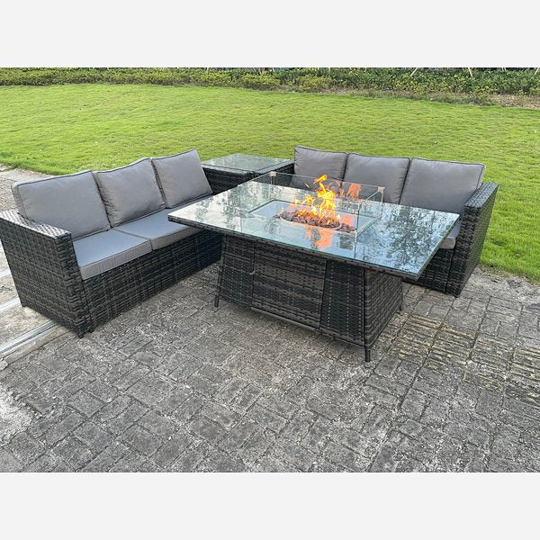 Outdoor Rattan Garden Furniture Gas Fire Pit Dining Table Sets Gas Heater Side table Dark Mixed Grey 6 seater