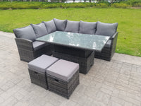 High Back Corner Rattan Garden Furniture Sofa Dining Rising Table Height Adjustable 8 Seater 2 Small Foot Stools