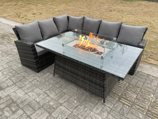 Gas Fire Pit Table Set Rattan Garden Furniture 6 Seater Outdoor Lounger Left Corner Sofa with Cushions for Lawn, Patio,Conservatory,Dark Grey Mixed