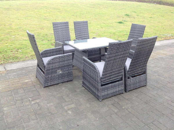 Oblong Reclining Rattan Dining Set Outdoor Garden Furniture Mixed Grey 6 Chairs