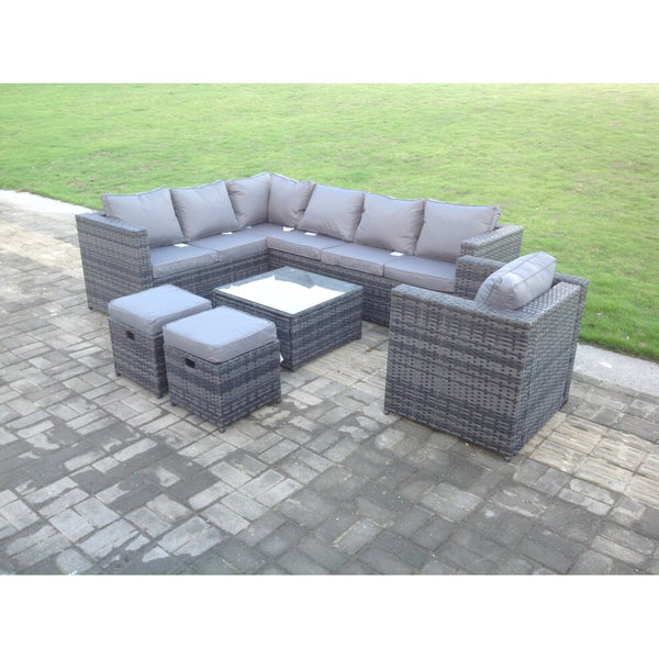 Dark Grey  Mixed Rattan Garden Furniture Corner Sofa Set Square Coffee Table Chair Footstools Left Hand Option