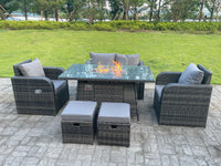 6 Seater Dark Mixed Grey Rattan Outdoor Garden Furniture Gas Fire Pit Table Sets Gas Heater Loveseat Sofa Recling Chairs Small Footstools