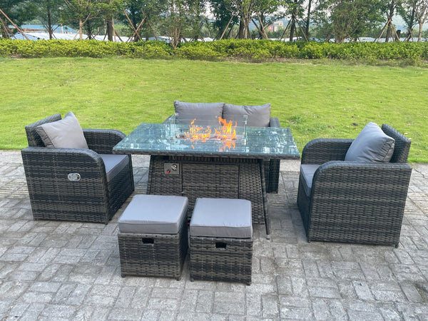 6 Seater Dark Mixed Grey Rattan Outdoor Garden Furniture Gas Fire Pit Table Sets Gas Heater Loveseat Sofa Recling Chairs Small Footstools