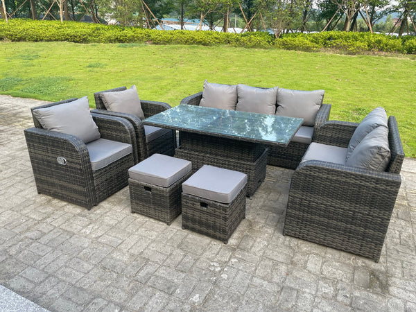 9 Seater Rattan Outdoor Garden Furniture Set Lifting Adjustable Dining Or Coffee Table Sets Loveseat Sofa Small Footstools Recling Chairs Dark Mixed Grey