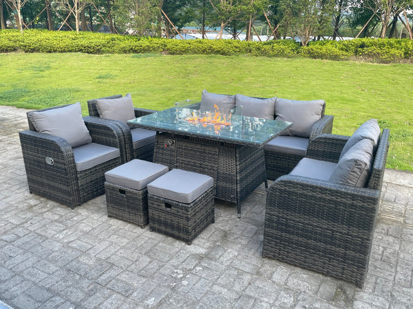 9 Seater Rattan Outdoor Garden Furniture Gas Fire Pit Table Sets Gas Heater Lounge Sofa Recling Chairs Loveseat Small Footstools Dark Mixed Grey