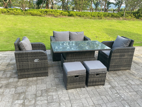 6 Seater Rattan Outdoor Garden Furniture Lifting Adjustable Dining Or Coffee Table Sets Loveseat Sofa Recling Chairs small footstools Dark Mixed Grey