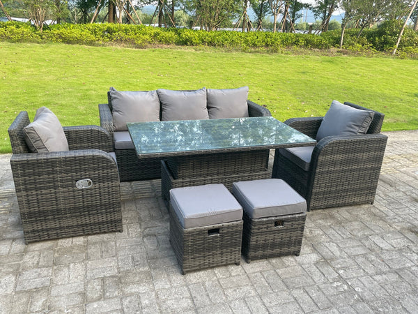 7 Seater Rattan Outdoor Garden Furniture Lifting Adjustable Dining Or Coffee Table Sets Lounge Sofa Recling Chairs Small Footstools Dark Mixed Grey