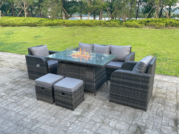 7 Seater Rattan Outdoor Garden Furniture Gas Fire Pit Table Gas Heater Sets lounge Sofa Recling Chairs Small Footstools Dark Mixed Grey