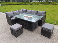 High Back Corner Rattan Garden Furniture Set 8 Seater Sofa Gas Fire Pit Gas Heater Dining Table Sets 2 Small Footstools