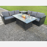 Outdoor Rattan Garden Furniture Gas Fire Pit Dining Table Sets Gas Heater Side table Dark Mixed Grey 6 seater