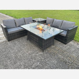 Outdoor Rattan Garden Furniture Gas Fire Pit Dining Table Sets Gas Heater Side table Dark Mixed Grey 6 seater