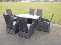 Dark Grey Mixed Outdoor Wicker Rattan Garden Furniture Reclining Chair And Table Dining Sets 6 Seater Rectangular Black Tempered Table