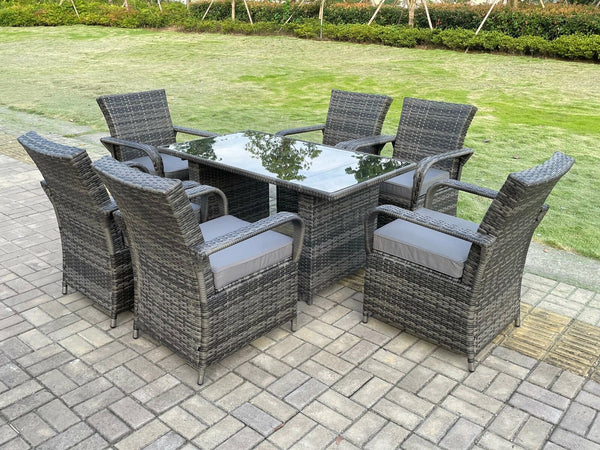 Outdoor Rattan Garden Furniture Dining Set Table And Chairs Wicker Patio 6 chairs plus black tempered glass rectangular table