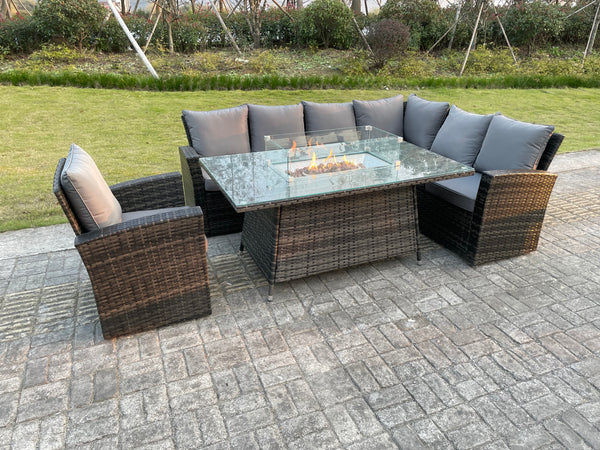 Rattan Garden Furniture Set Gas Fire Pit Table 7 Seater Outdoor Lounger Right Corner Sofa Single Chair with Cushions for Lawn, Patio,Conservatory,Dark Grey Mixed