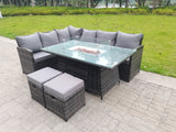 High Back Corner Rattan Garden Furniture Set 8 Seater Sofa Gas Fire Pit Gas Heater Dining Table Sets 2 Small Footstools