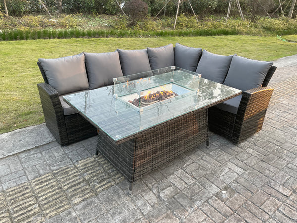 Rattan Garden Furniture Set 6 Seater Outdoor Lounger Right Corner Sofa Fire Pit Table Set Patio Conservatory Dark Grey Mixed