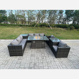 Outdoor Rattan Garden Furniture Gas Fire Pit Dining Table Sets Gas Heater Lounge Chairs Side tables Dark Mixed Grey 8 seater